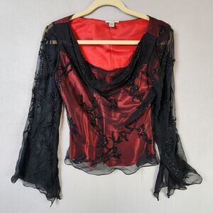 Caché 100% Silk Sheer Blouse Medium Beaded Bell Sleeves Red Black